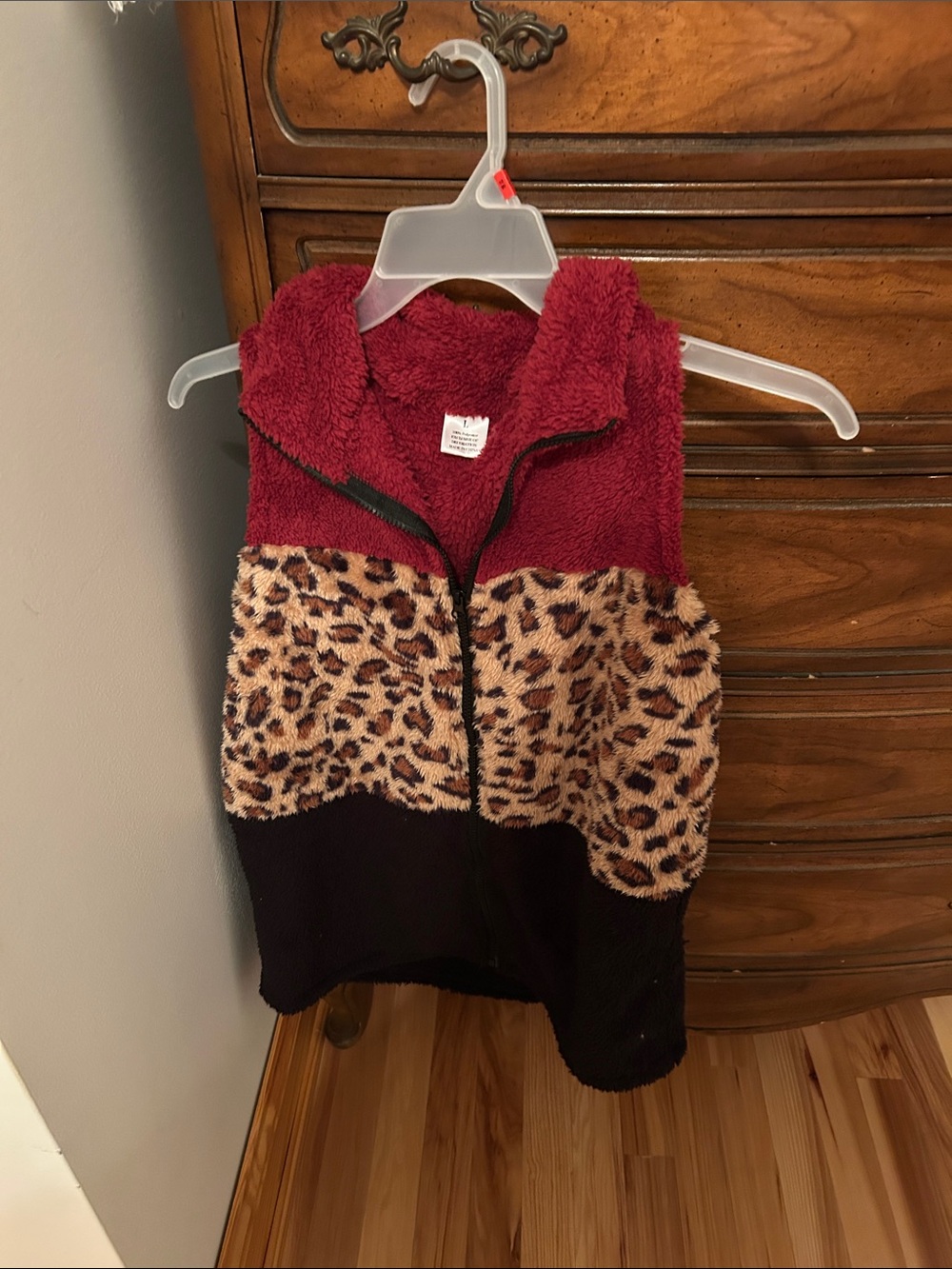 Faux Sherpa Colorblock Vest with Leopard Panel - Burgundy
